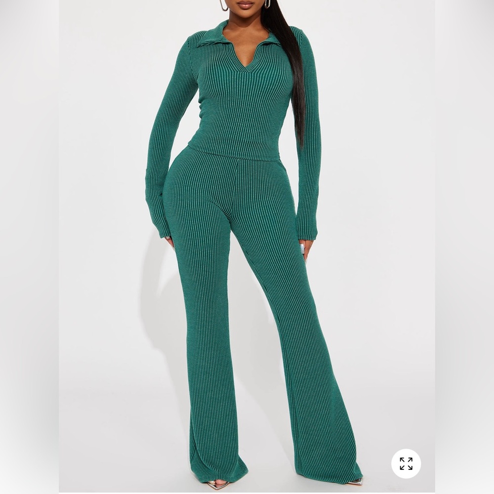 Ribbed Flare Knit Pants - Teal Green